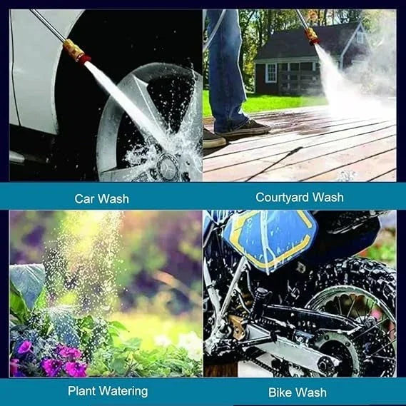 Multi-use high pressure water spray nozzle for car wash, courtyard cleaning, plant watering, and bike wash.