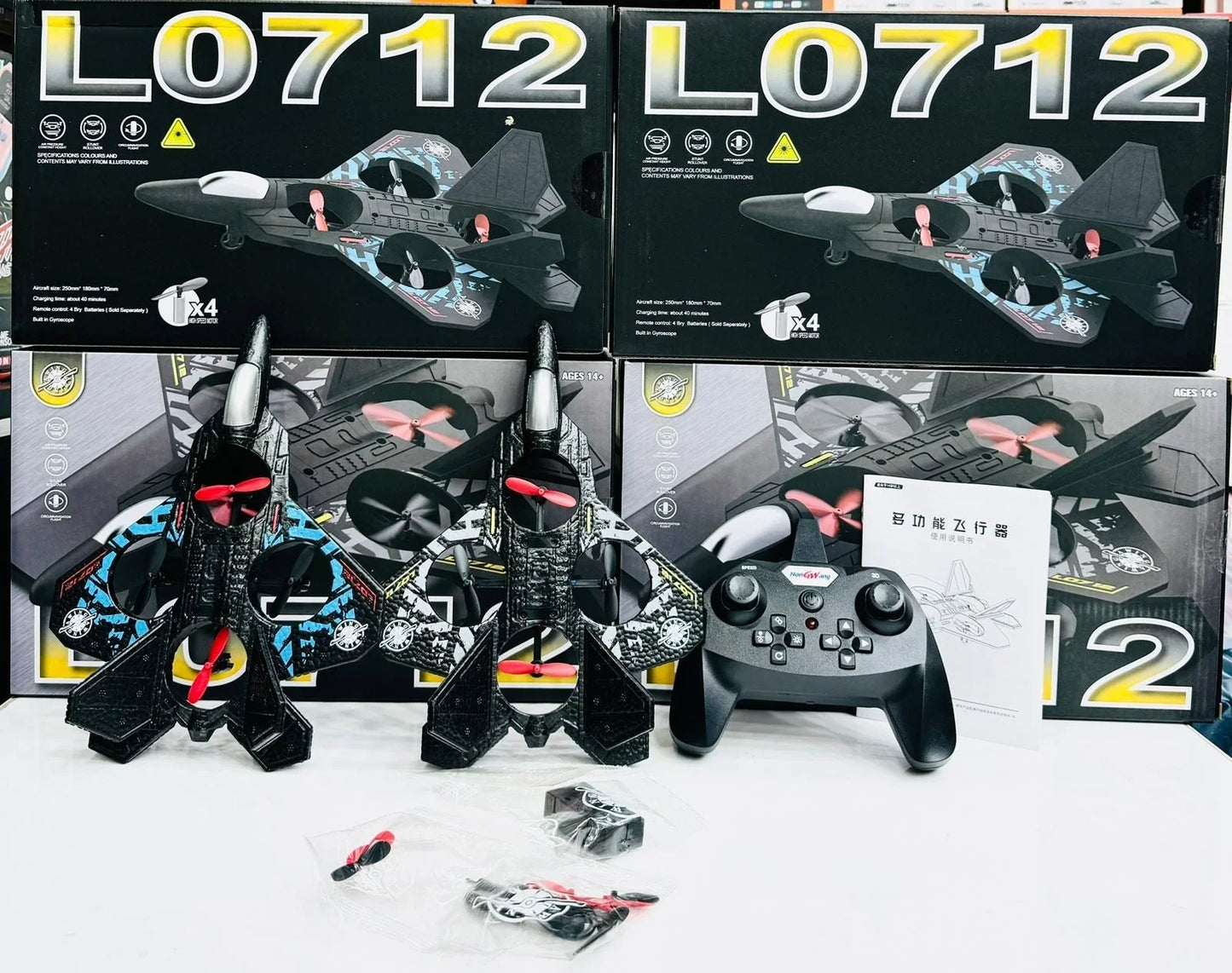 Remote control fighter jet toy set with controller, propellers, and packaging