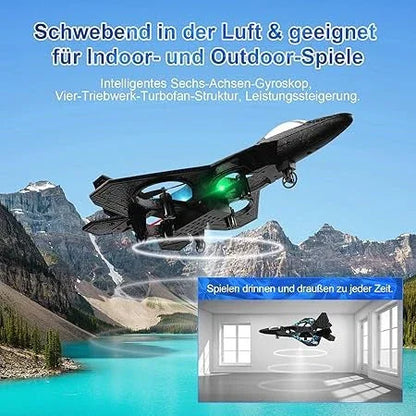Black quadcopter drone jet flying outdoors over mountains, shown for indoor and outdoor play.