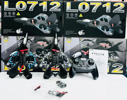 Remote control fighter jet toy set with controller, propellers, and packaging