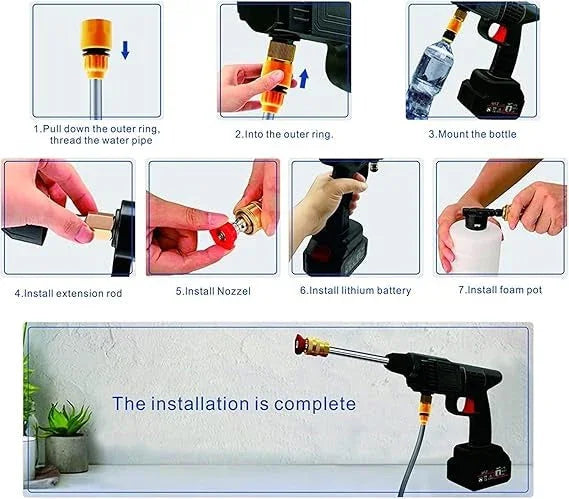 Step-by-step guide to assembling a cordless portable pressure washer with attachments and water bottle.