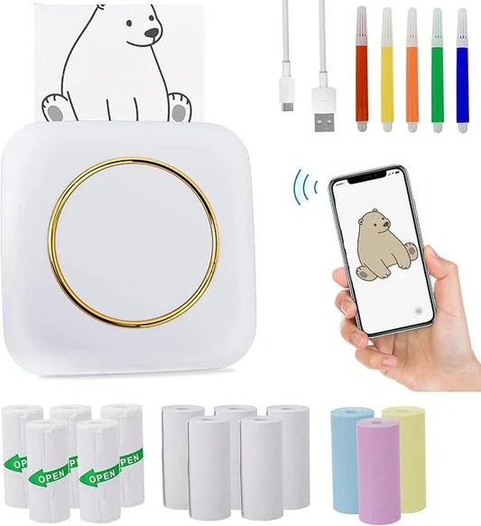 Portable mini Bluetooth thermal printer with smartphone, drawing pens, USB cables, and paper rolls.