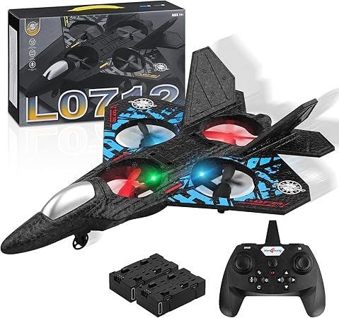 Remote control fighter jet toy with LED lights, batteries, and controller, gift box included