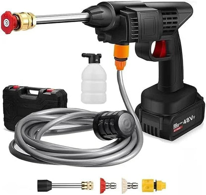 Cordless portable pressure washer kit with hose, spray nozzles, and foam bottle