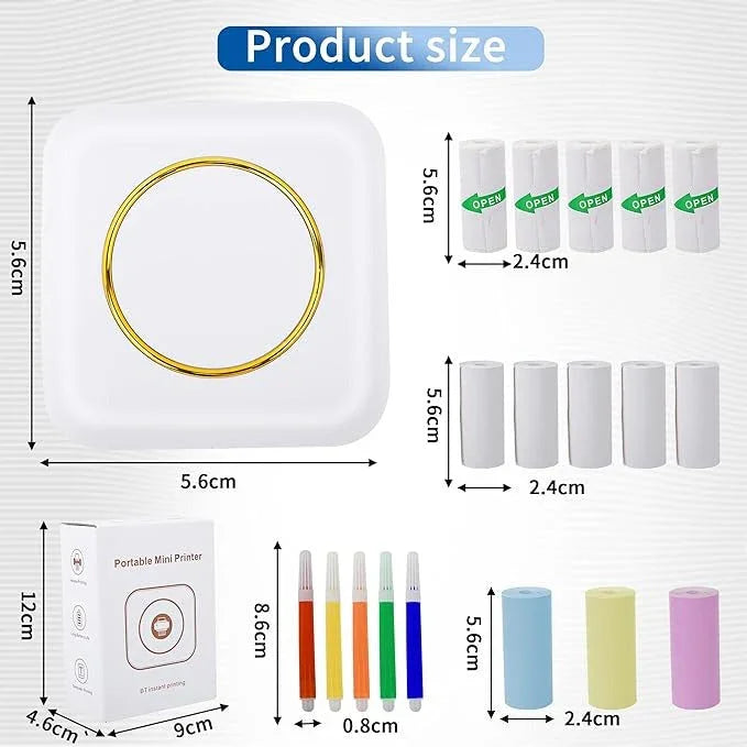 Portable mini printer with size chart, thermal paper rolls, colored pens, and packaging box.