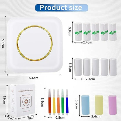 Portable mini printer with size chart, thermal paper rolls, colored pens, and packaging box.