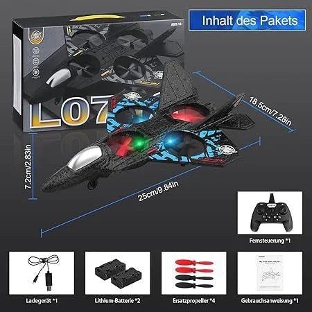 Remote control fighter jet toy set with controller, charger, batteries, spare propellers, and box.