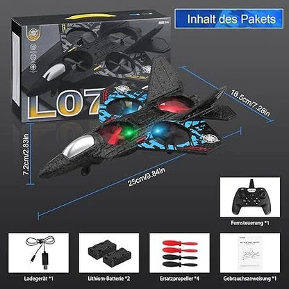 Remote control fighter jet toy set with controller, charger, batteries, spare propellers, and box.