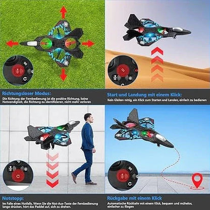 Remote control airplane toy with LED lights shown flying indoors and outdoors, featuring easy start, landing, and return functions.