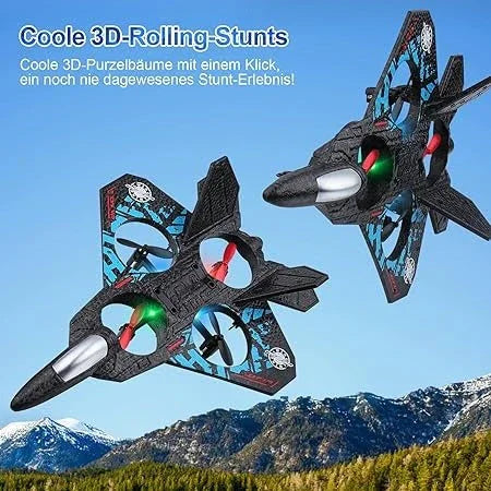 Remote control stunt jet airplane with blue accents flying over mountains, highlighted features in German text