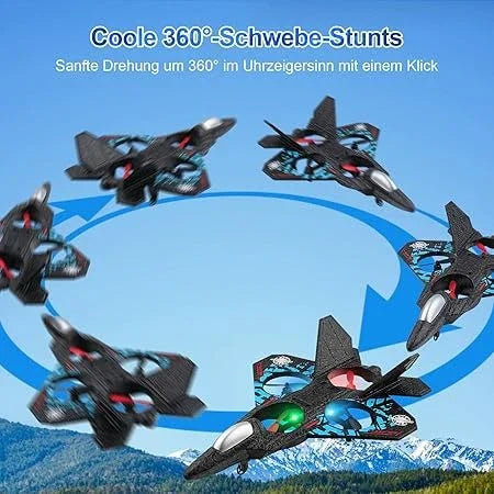 Remote control toy jet performing 360-degree aerial stunts outdoors against a blue sky