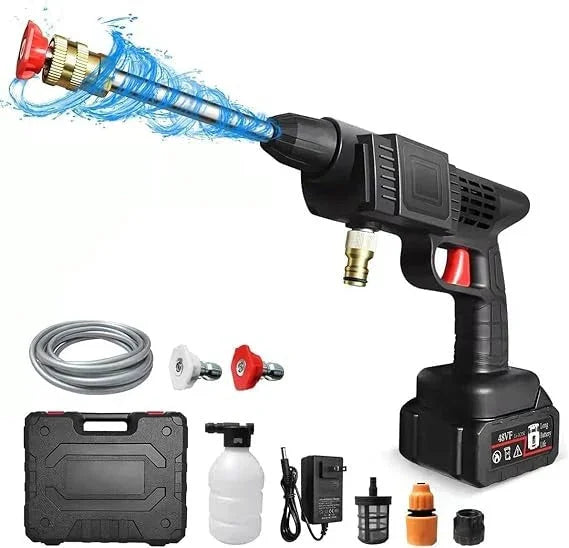 Cordless electric pressure washer kit with spray gun, battery, hose, and accessories