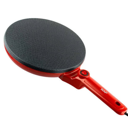 Red electric crepe maker with non-stick cooking surface and power button on handle
